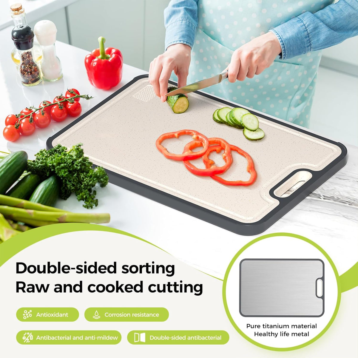 Titanium Cutting Board for Kitchen, Cutting Board Double Sided Food Grade, Pure Titanium and Wheat Straw PP, Easy to Clean Large Size 16”×11”