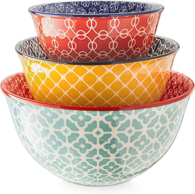 DOWAN Mixing Bowls, Ceramic Mixing Bowls for Kitchen, Colorful Vibrant Nesting Bowls for Cooking, Baking, Prepping, Serving, Salad, Housewarming Gift, Microwave Dishwasher Safe, 3.7/2/1 Qt, Set of 3