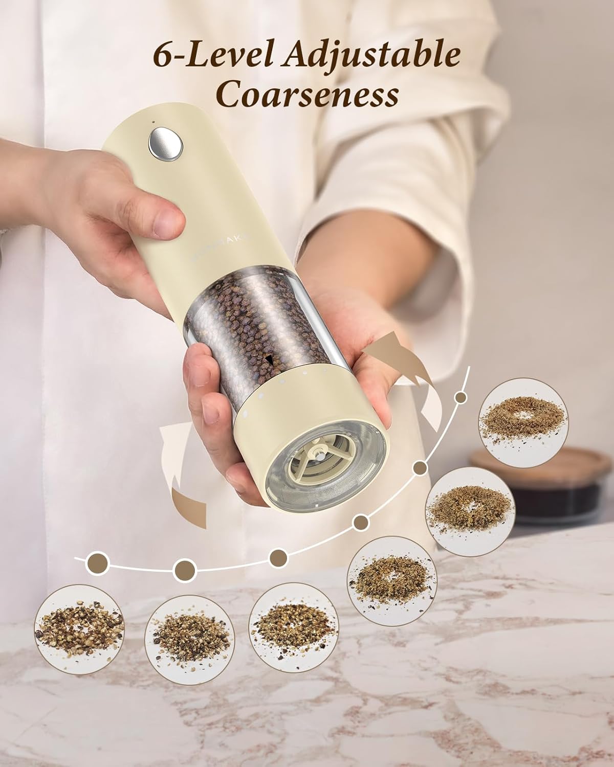 Electric Salt and Pepper Grinder Set - Automatic Refillable Salt and Pepper Grinders with Charging Base & LED Light, 6-Level Adjustable Coarseness with External Dial, Ideal Kitchen Gadget，Beige