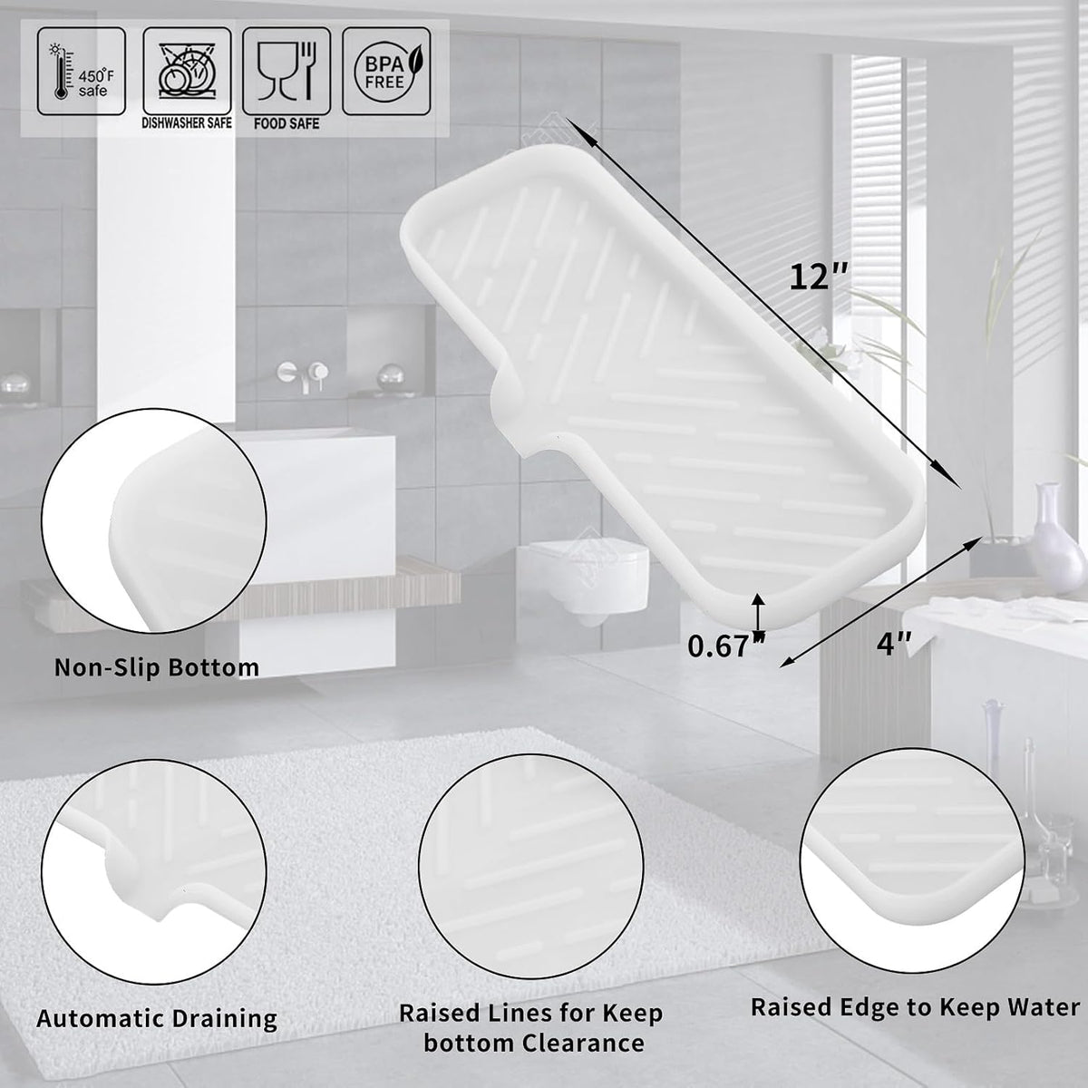 Silicone Bathroom Soap Dishes with Drain Spout-Bathroom and Kitchen Sink Organizer,Sponge Holder,Dish Soap Tray,Perfect for Dispenser,Scrubber,Bottle,Cup on Sink or Counter-Translucent 12"×4"