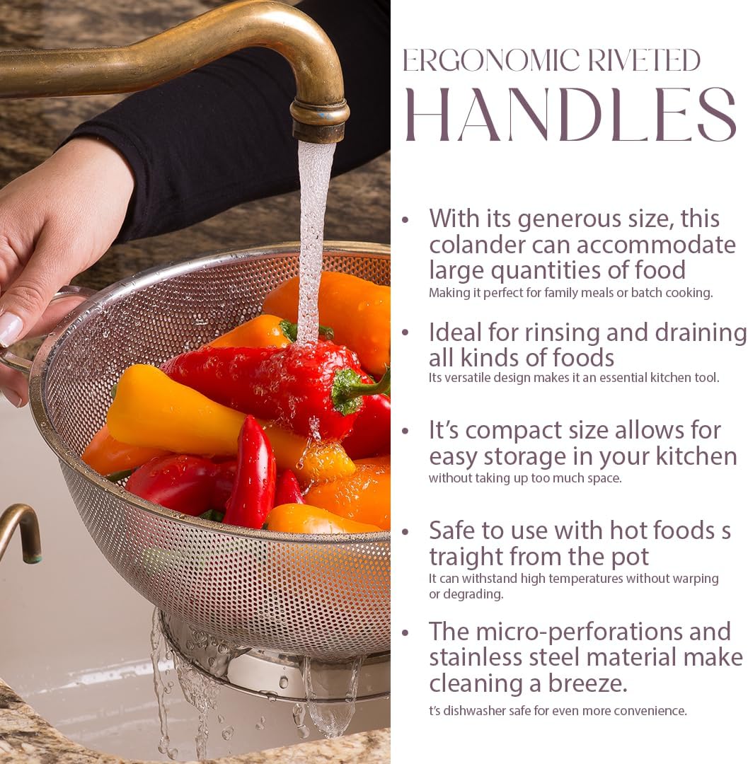 Bellemain Colander for Kitchen – 5 Qt Stainless Steel Strainer with Handle - 18/8 Pasta Strainer Bowl for Pasta, Spaghetti, Vegetables, Fruit, and Pot Draining - Stainless Steel Colander
