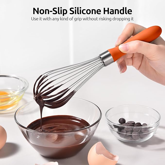 U-Taste 9" Small Egg Whisk: 18/10 Stainless Steel Kitchen Cooking Wire Balloon Wisk, Heavy Duty Metal Beater Stirrer, Manual Baking Tool with 6 Flex Wires for Hand Mixing, Blending Sauce (Orange)