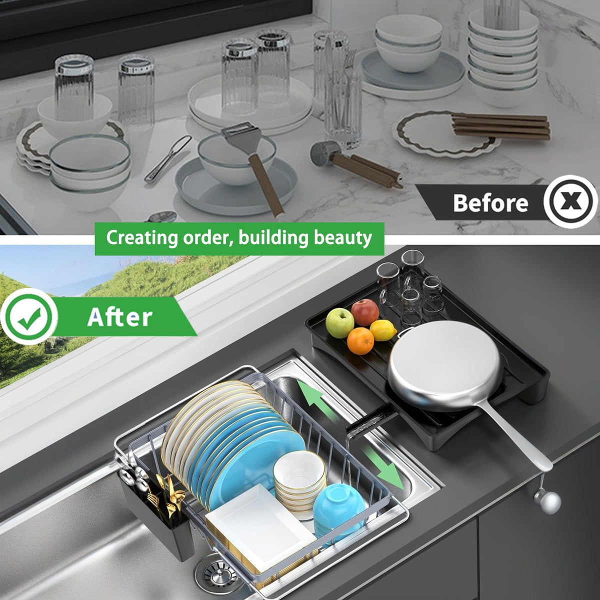 LEMIKKLE Sink Dish Drying Rack - Expandable Small Dish Rack Over Sinks with Drying Tray, Dish Drainer for Kitchen Counter with Cutlery Holder, Drying Rack Fit for 14’’-19’’ Kitchen Sink