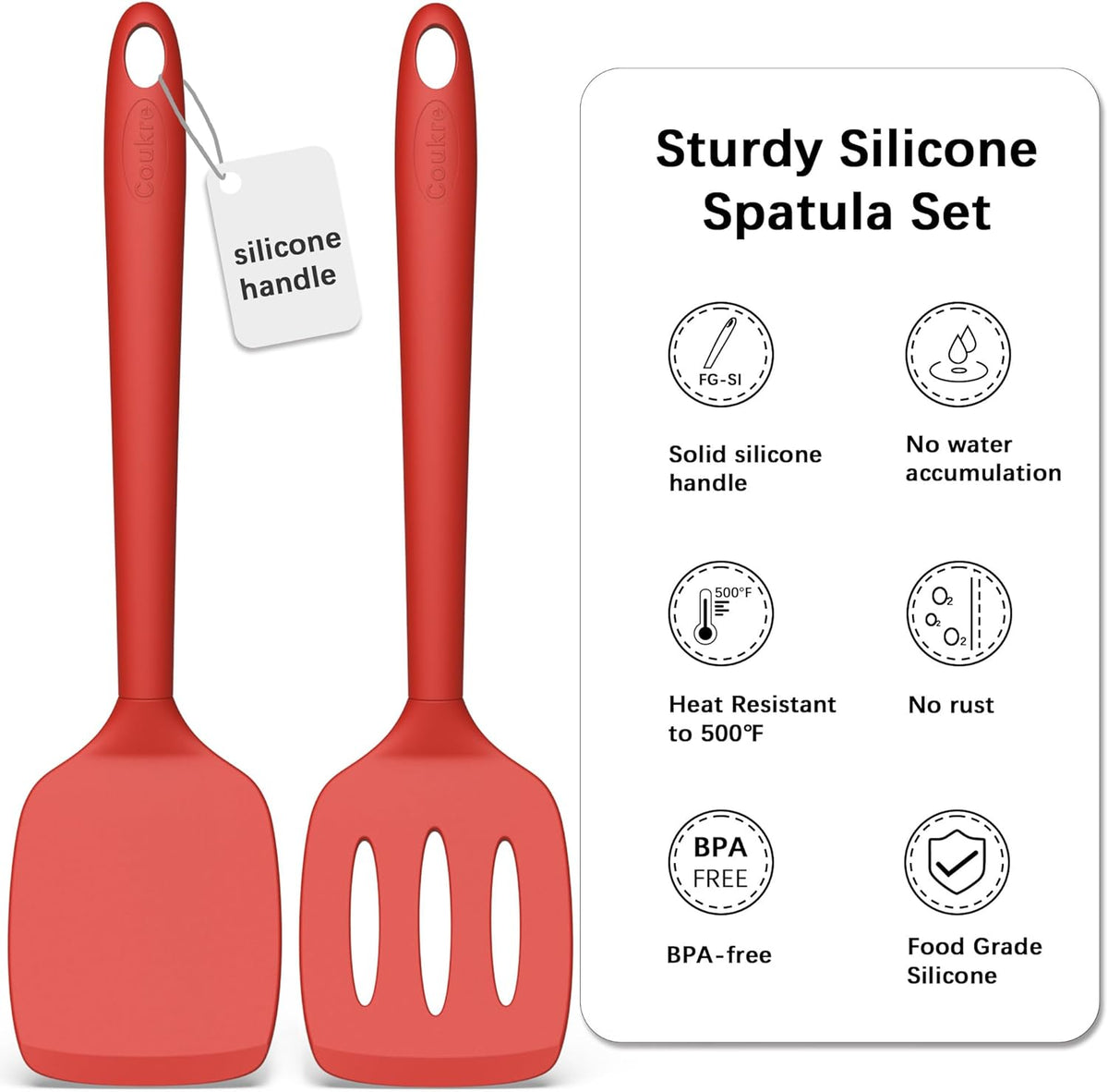 Coukre 2 Pack Silicone Spatula Set, High Heat Resistant, BPA Free Kitchen Spatula, Solid & Slotted Turner for Non-Stick Pans, Sautéing, and Flipping (2, PureRed)