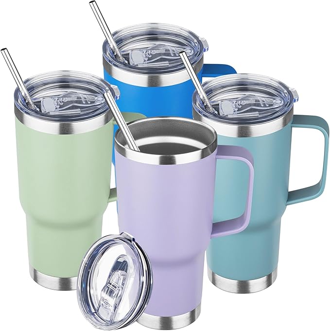 20 oz Tumbler with Handle Stainless Steel Insulated Coffee Mug Tumbler with Lid and Straw Double Wall Vacuum Insulated Coffee Mug Leak Proof Travel Mug Tumbler for Hot and Cold Drink (Mix Color-3)