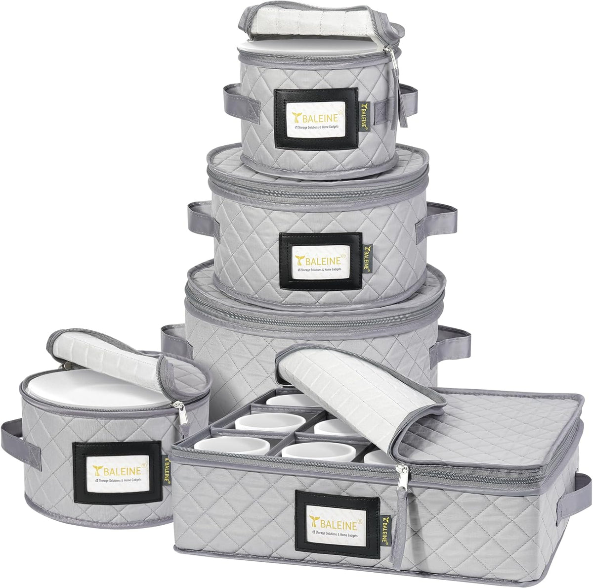 BALEINE China Storage Containers, Sturdy Quilted Wine Glass Storage, Plate Organizer with Carry Handles, Moving Boxes for Dishes, Cups, Mugs and Stemware (Plate Mug Combo, Soft Shell Grey)