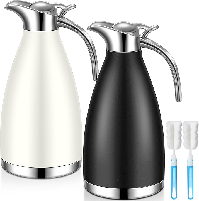 Uiifan 2 Pcs 68 oz Thermal Coffee Carafe Insulated Stainless Steel Coffee Carafe for Hot Liquids Vacuum Thermal Pot Creamer Dispenser with Brushes Keeping Hot Tea Milk Water(Black, White)