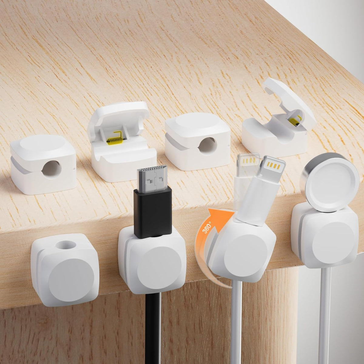 8 Pack Cord Organizer Holder, Rotatable Cable Clips, Spring Cord Holder for Nightstand Adhesive Cable Organizer, Cable Management Clips Charging Cord Organizer for Desk Office Car Wall