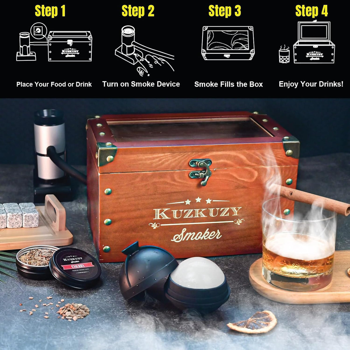 Cocktail Smoker Kit - Whiskey Smoker Kit with Smoking Gun, Smoker Box, 6 Flavors Wood Chips with Whiskey Stones & Ice Mold - Bourbon Old Fashioned Smoker Kit, Gifts for Men, Dad (Torch Not Required)