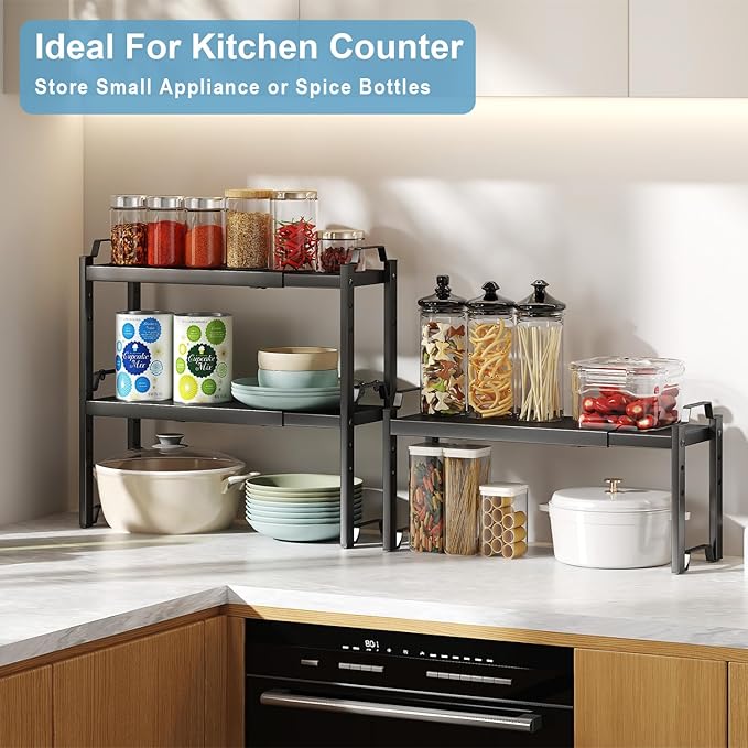 Narrow Expandable Cabinet Shelf Organizer 5.51" Width, Kitchen Counter Storage Shelves Spice Racks, Small Cupboard Countertop Tabletop Shelves Organizers, Expandable Adjustable Stackable, Load 30LBS