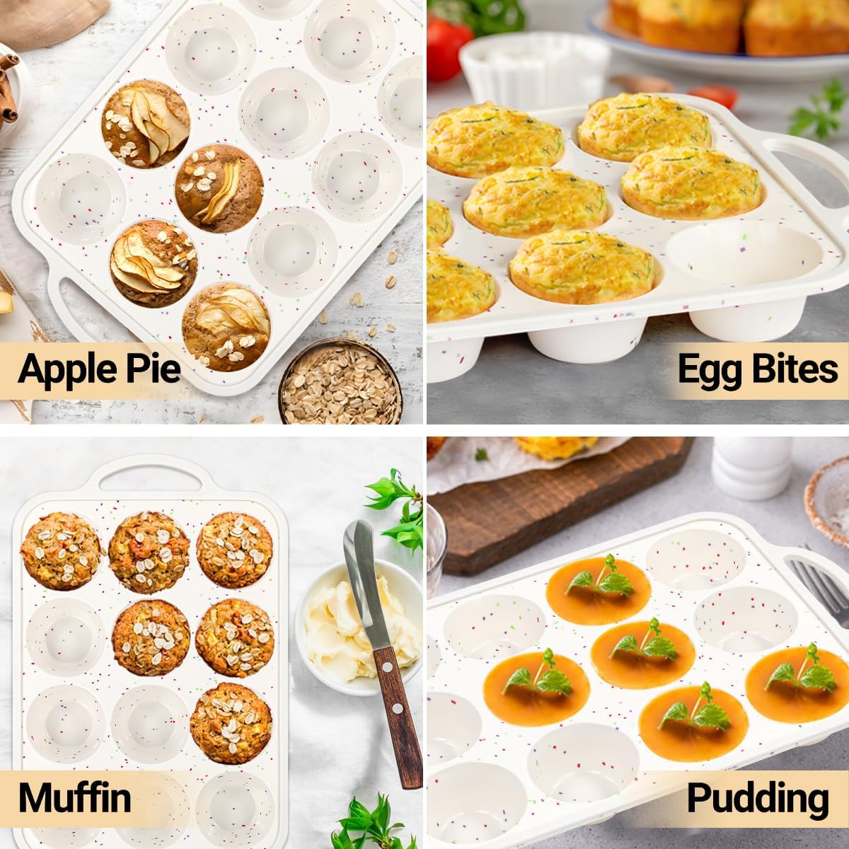 FUNBAKY Silicone Muffin Pan with Metal Frame, Nonstick 12 Cups Regular Size Silicone Muffin Tin for Oven Baking Easy to Move with Handle BPA Free