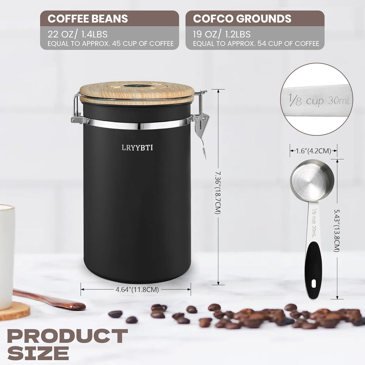 Airtight Coffee Canister,Stainless Steel Coffee Bean Storage Container with Scoop Date Tracker & CO2 Release Valve for Beans, Grounds and more- Black