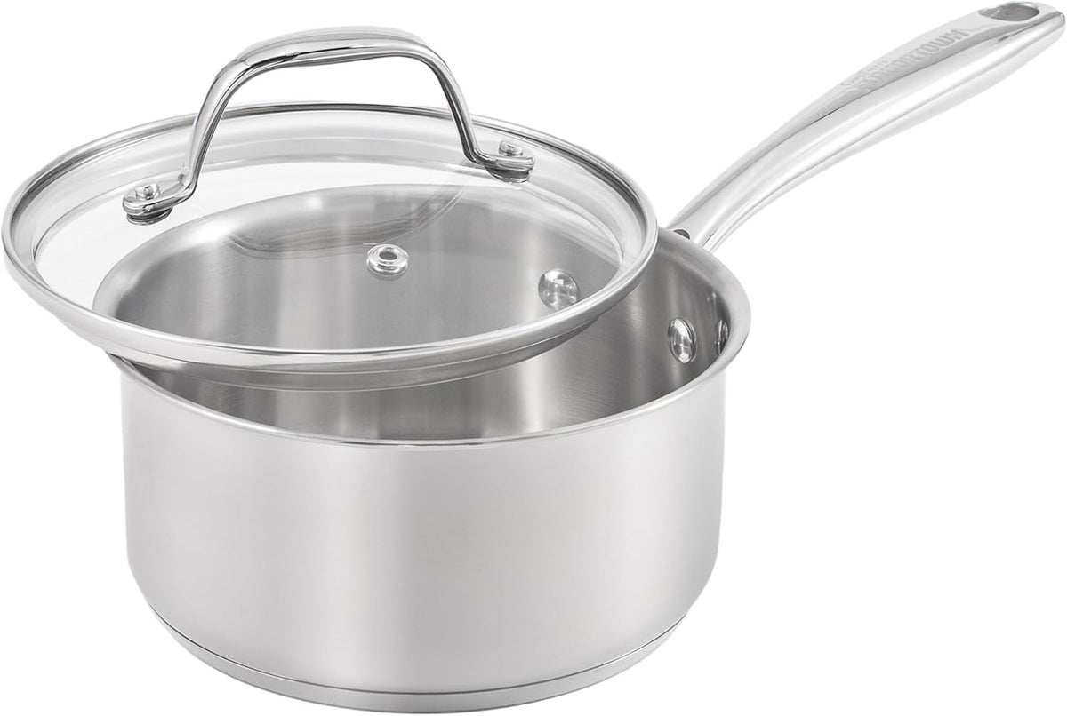 Guy Fieri's Flavortown 3.2-Quart Stainless Steel Sauce Pan with Tempered Glass Lid - Kitchen Cookware with Tri-Ply Base, Oven Safe to 500°F, Dishwasher Friendly, Works with Gas & Induction Cooktops