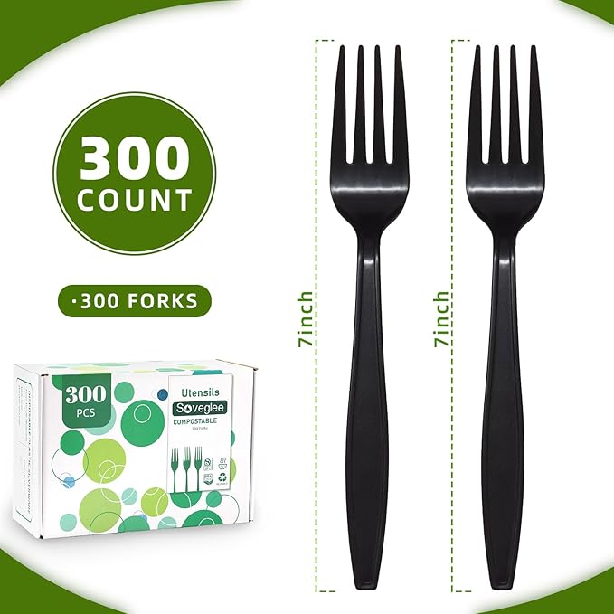 300 Count Compostable Forks, Non Plastic Forks, Black Disposable Forks, Heavy Duty Plastic Silverware, Eco Friendly Compostable Utensils for Party Wedding Picnic