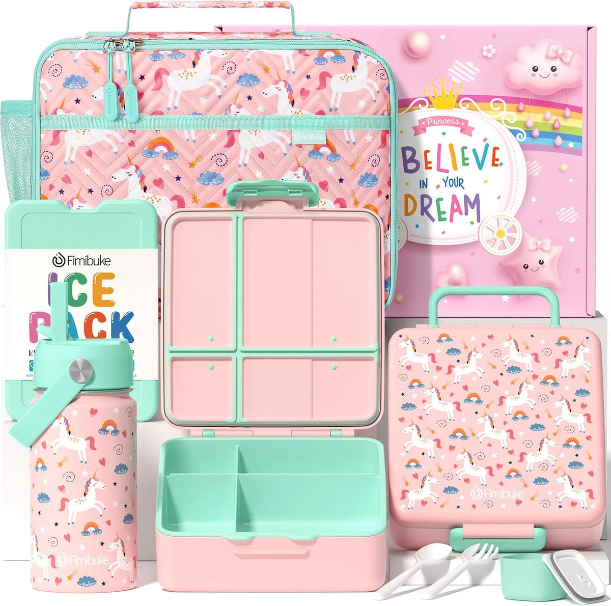 Fimibuke Kids Bento Lunch Box with 4 Compartments, Insulated lunch Bag, Stainless Steel Insulated Water Bottle, Ice Pack & Utensils Set, Birthday Gifts for Ages 3-12 Back to School Toddler Girls Boys