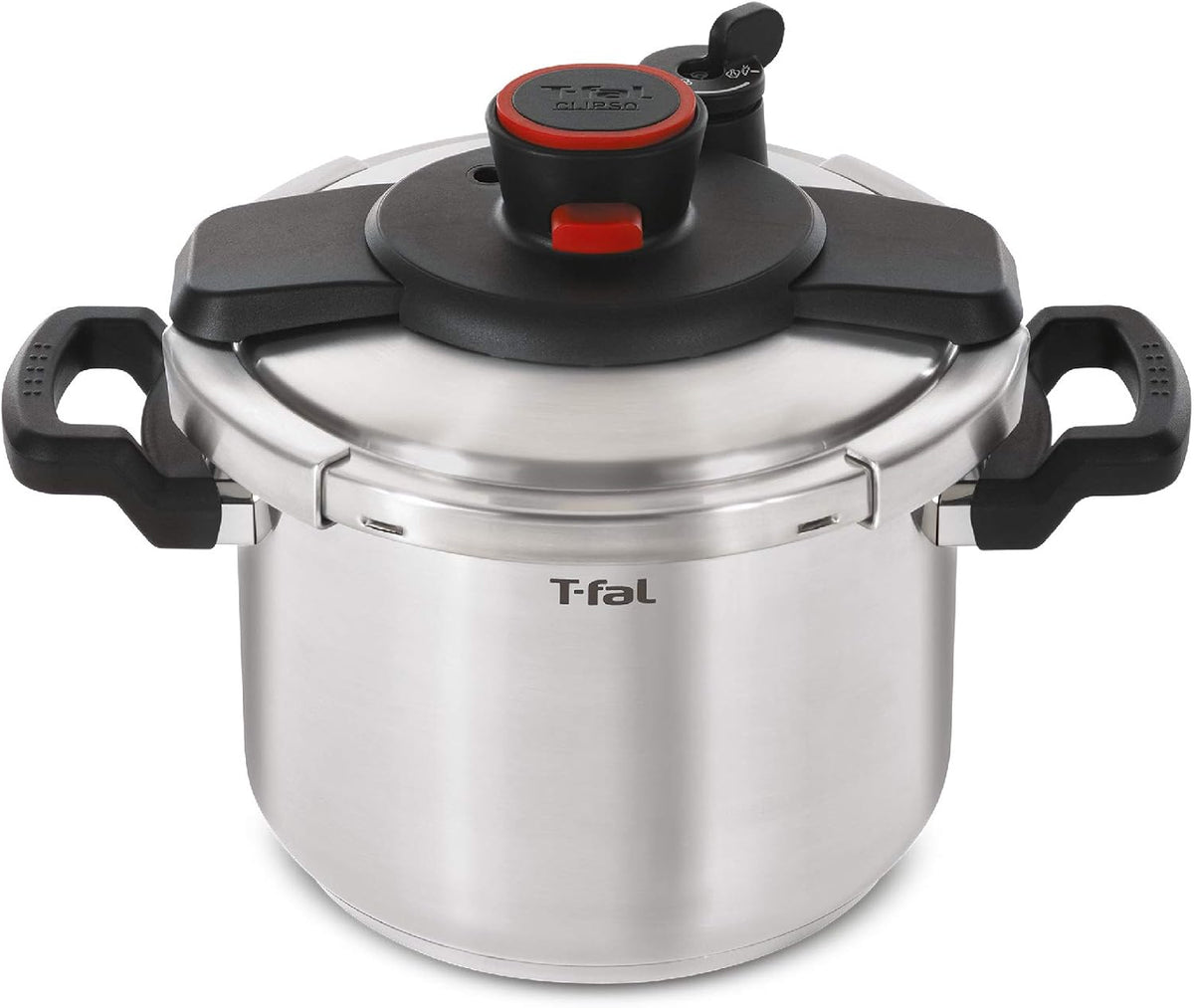 T-fal Clipso Stainless Steel Pressure Cooker 8 Quart, Induction Compatible, Secure locking System, One Hand System, Fast Cooking, Recipe Book Included, Cookware, Pots and Pans, Dishwasher Safe, Silver