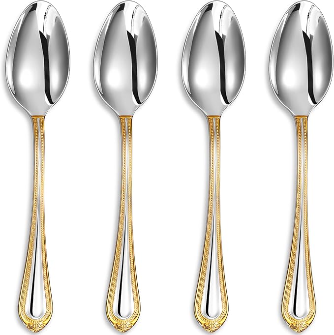 KEAWELL Pearl Edge 4-Piece Premium Spoon Set, 18/10 Stainless Steel, Fine Silverware Spoons with Refined Bead Design, Brightly Polished, Dishwasher Safe (Gold Accent, 7.56" Dinner Spoons)