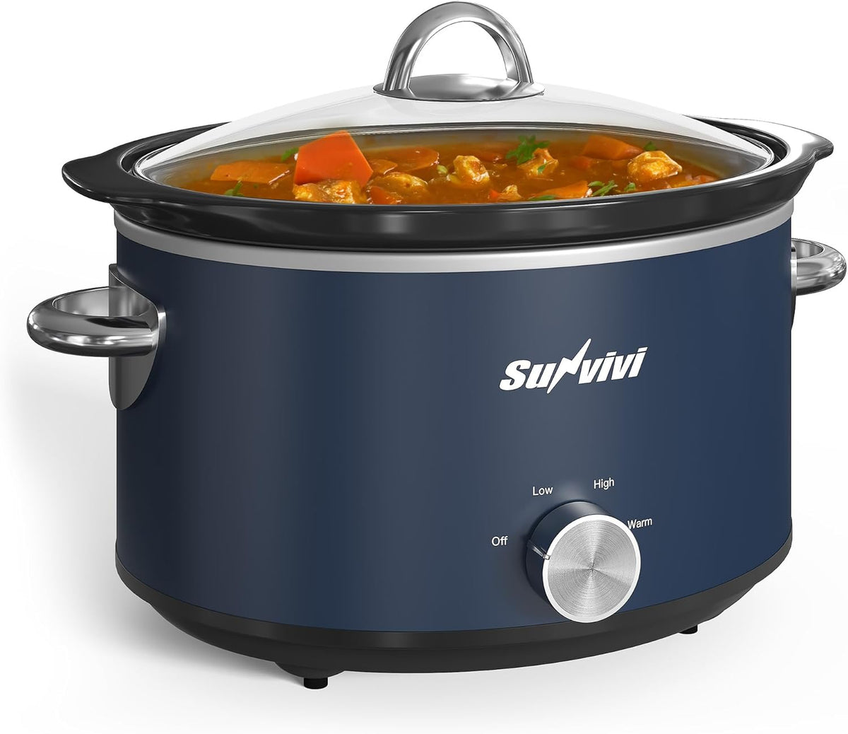 Sunvivi 4 Quart Slow Cooker & Mini Food Warmer with 3 Heating Settings, Removable Ceramic Pot, Dishwasher Safe Glass Lid, Stainless Steel, Blue