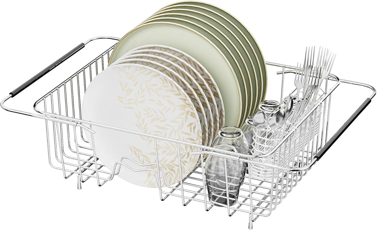 JAQ Dish Drying Rack in-Sink, 304 Stainless Steel Dish Drainer with Stainless Steel Silverware Holder Over Inside Sink-Adjustable 15.16" to 20.59" Maximium 13 Upright Dishes