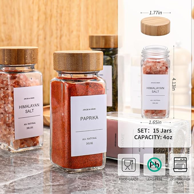 DIMBRAH Spice Jars with Label 24Pcs,Seasoning Containers,Glass Spice Jars with Bamboo Lids,Kitchen Essentials,Spices Container Set,Kitchen Set,Seasoning Organizer,Spice Rack Organizer for Cabinet