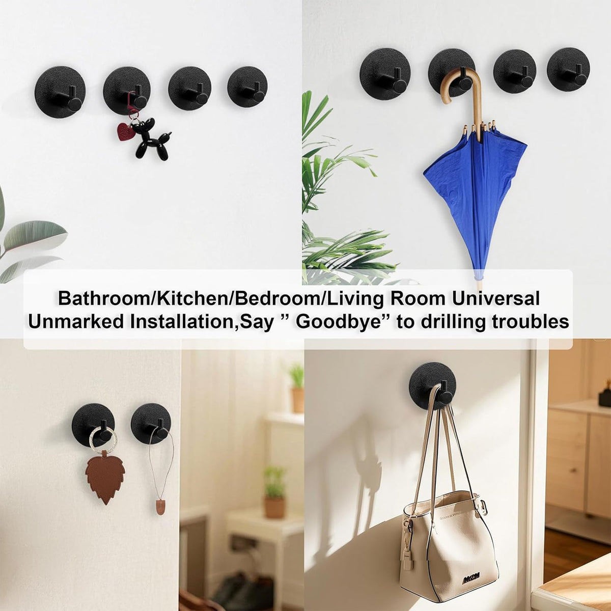 Aluminum Wall Hooks, No Drill Damage-Free Adhesive Hook, Product for Hanging Heavy Duty for Bathroom Kitchen Home (Single Round Black Hook, 4)