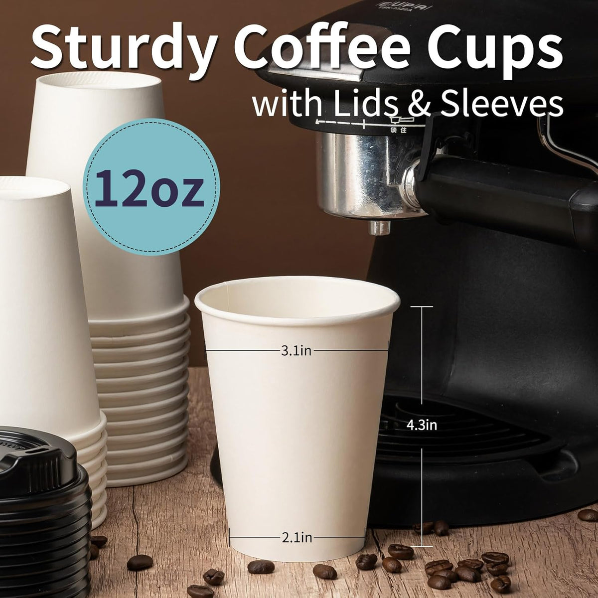 YEEHAW 12 oz 100 Pack Disposable Paper Coffee Cups with Lids & Sleeves, To Go Hot Cups for Coffee, Hot Liquid, Chocolate, Juice, Hot Beverage Drinking Cup, Ideal for Cafes, Bistros