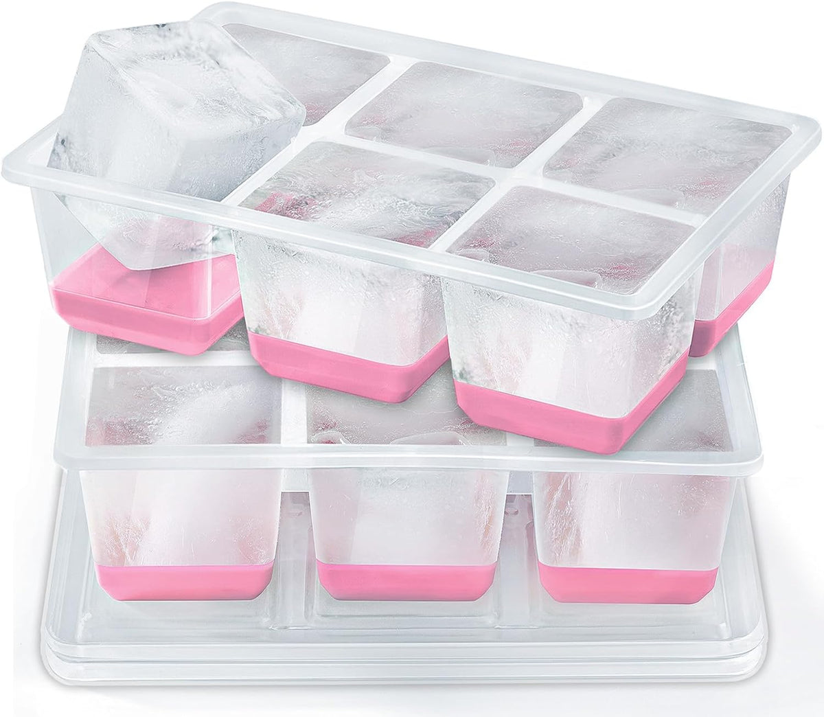 Ice Cube Trays 2 Pack, JRISBO Large Silicone Ice Cube Molds with Leak-Proof Lid, Transparent TPE Frame & Easy Release Bottom, Stackable Freezer Ice Trays for Whiskey, Cocktails, Soup, BPA Free