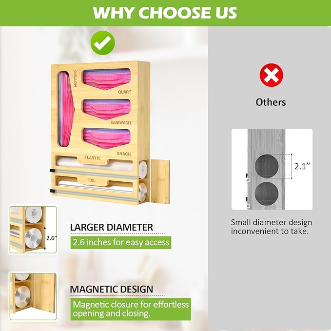 6 in 1 Bag Organizer and Wrap Dispenser with Magnetic Lid - Plastic Wrap Dispenser with Cutter for Kitchen Drawer, Storage for Gallon, Quart, Sandwich, Snack Bags, and Foil Beige