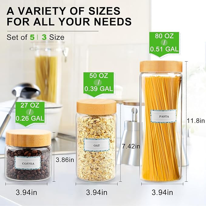 AISIPRIN Airtight Glass Jar with Lid, Glass Storage Containers with Screw On Bamboo Lids, for Cookie, Pasta, Cereal Storage Containers, 5Pcs 80oz 50oz 27oz Canisters Sets for the Kitchen