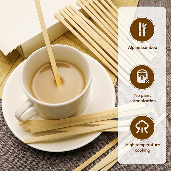 150 Count Bamboo Coffee Stirrer - Disposable 7 inches Long Wooden Stir Sticks for Coffee and Cocktails - Smooth, Splinter-Free Beverage Mixers - Ideal for Cafe, Bars and Drink Stations