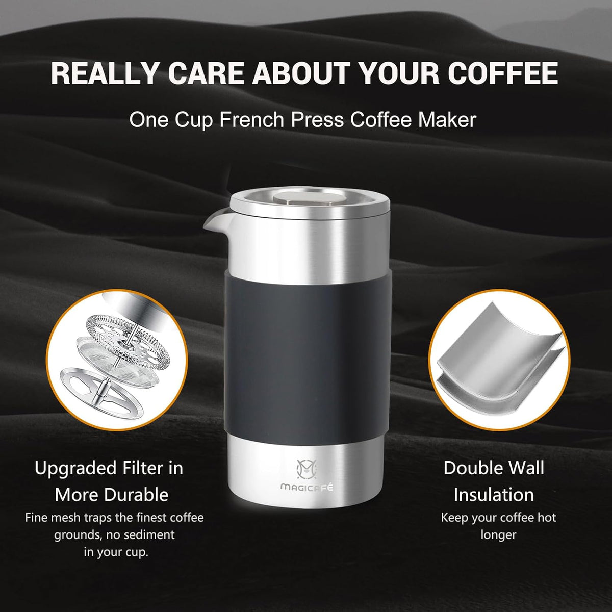 French Press Coffee Maker Set, Portable French Press with Mini Coffee Canister and Collection Bag, Single Serve 1 Cup Small Stainless Steel Double Walled Coffee Press 350ml/12oz