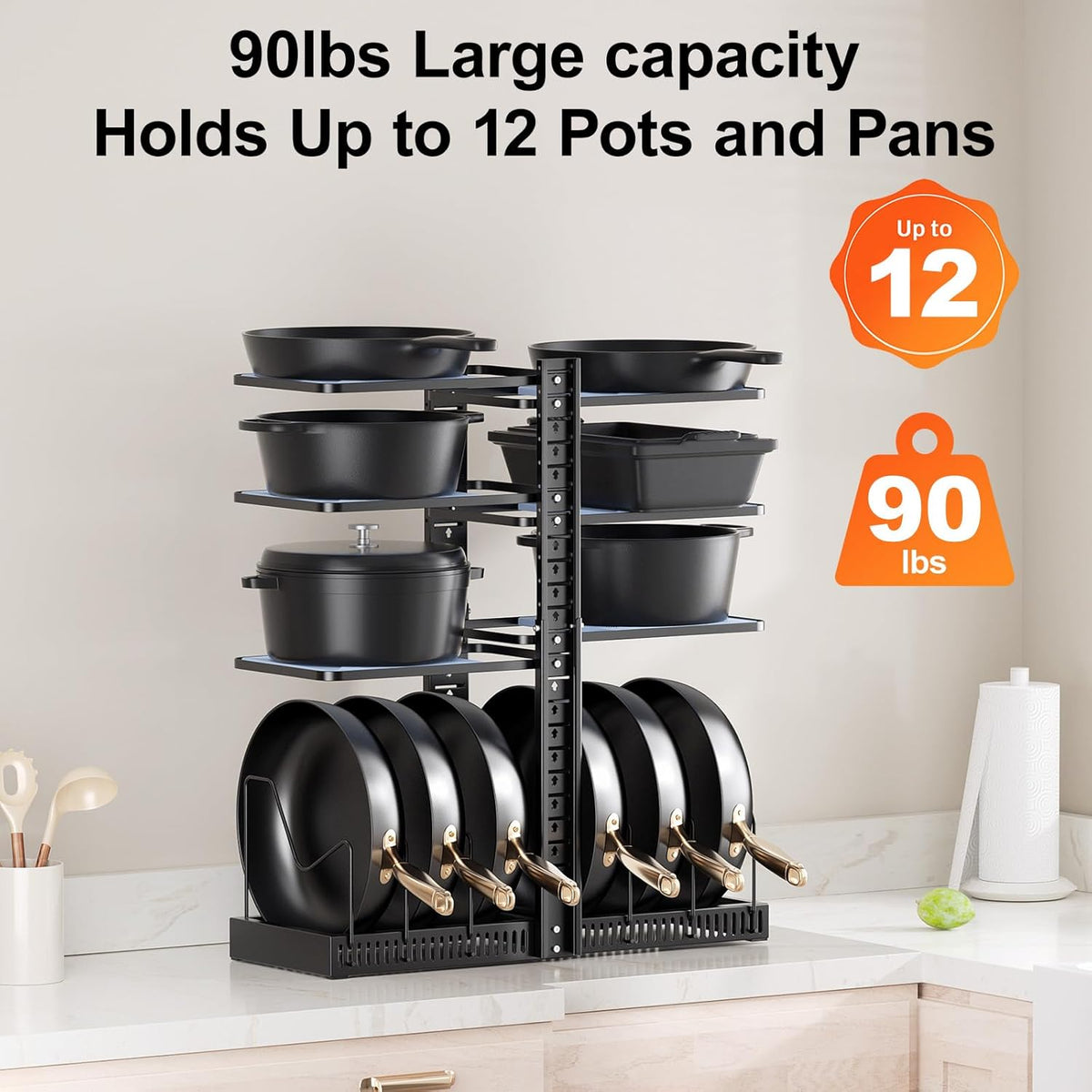 LAMU Pots and Pans Organizer under Cabinet, Pan Pot Organizers inside Cabinet with 6 Shelves and Pot Lid Organizer, Adjustable Height Up to 24", Holds up to 12 Pans Including Cast Iron Pot