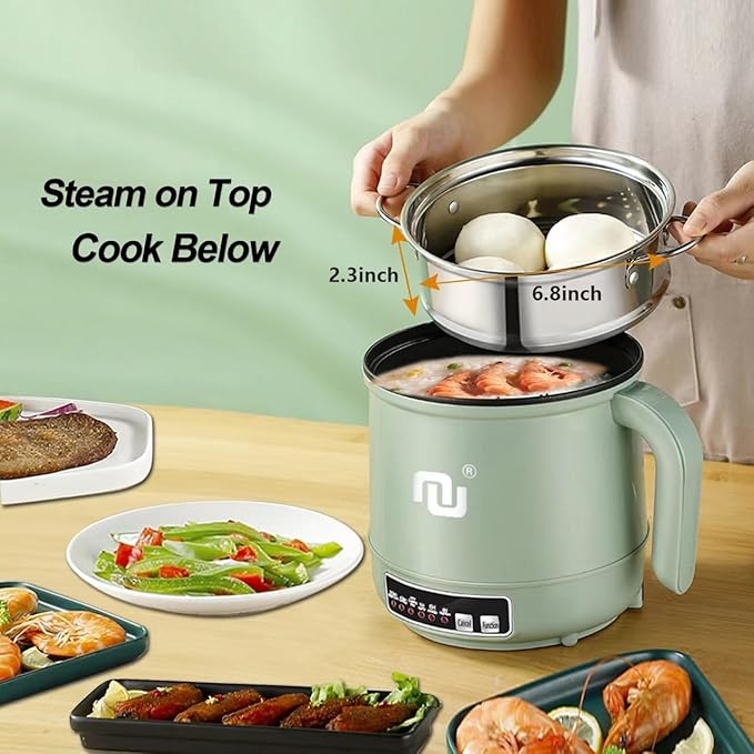 Smart Mini Hot Pot with Timer and Automatic Shut Off 1.2L Non-Stick Rapid Noodle Cooker w Stainless Steel Steamer Basket 600W Quick Cook 5 Cooking Modes for Soup, Rice (1cup) , Porridge, Pasta Great for 1-2 Persons (Green)