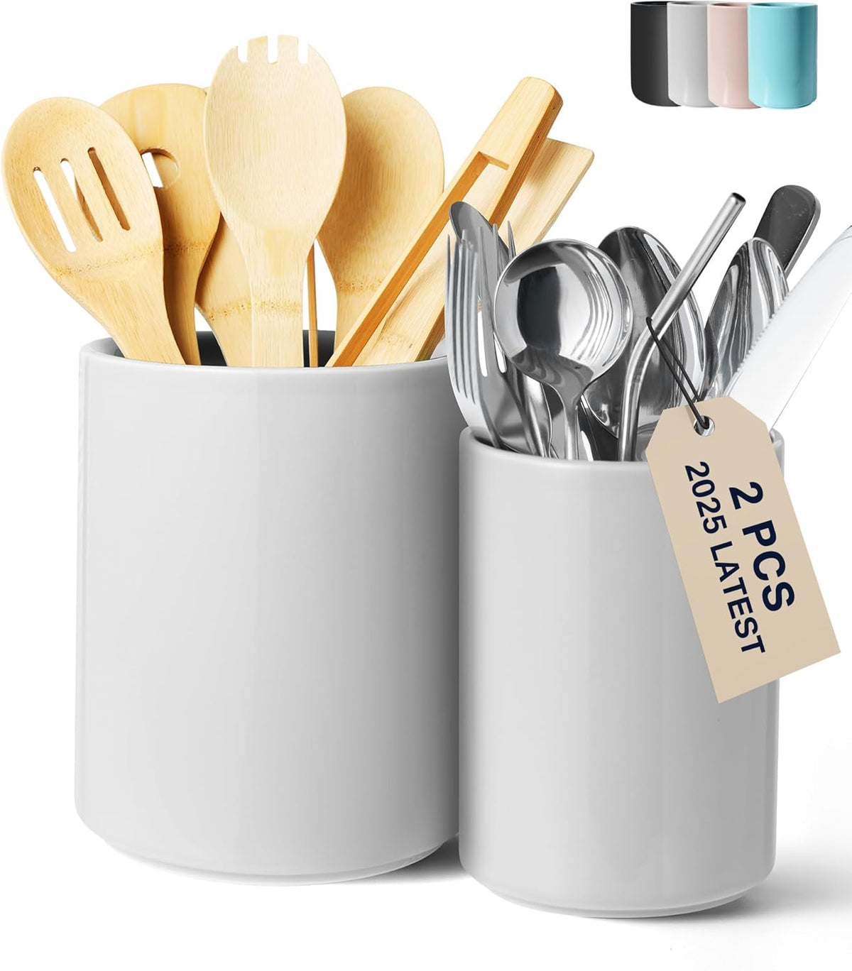 Set of 2 Utensil Holder, 7"+5" Ceramic Kitchen Utensil Holder for Countertop, Large Cooking Utensil Crocks for Counter, Morden Utensil Organizer for Spatula, Kitchen Decor (Grey)