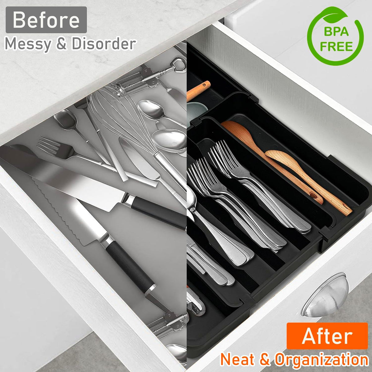 Silverware Organizer - Expandable Kitchen Drawer Organizer, Utensil Drawer Organizer, Adjustable Plastic Flatware and Cutlery Holder, Kitchen Organizers Storage for Forks Knives, Black