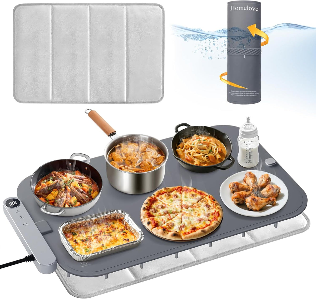 Homelove Food Warming Mat Waterproof - Electric Warming Tray with 6-Level Temperature and Hours Setting, Full Surface Graphene Heating, Dishwasher-Friendly Food Warmer Mat for Parties, Kitchen (Gray)