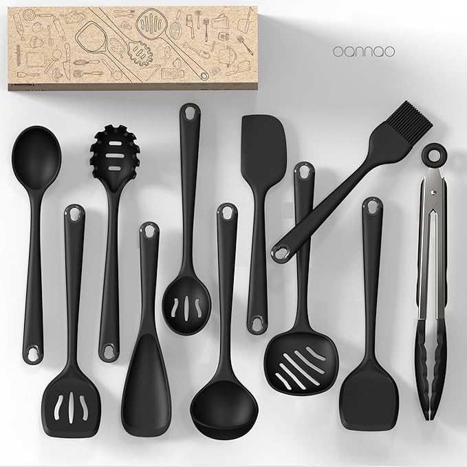 Thickened Silicone Kitchen Utensils Set, 600°F Heat Resistant Silicone Cooking Utensils, Spatula, Spoon, Whisk, Tongs, Kitchen Gadgets Sets for Nonstick Cookware, Dishwasher Safe BPA Free (Black)