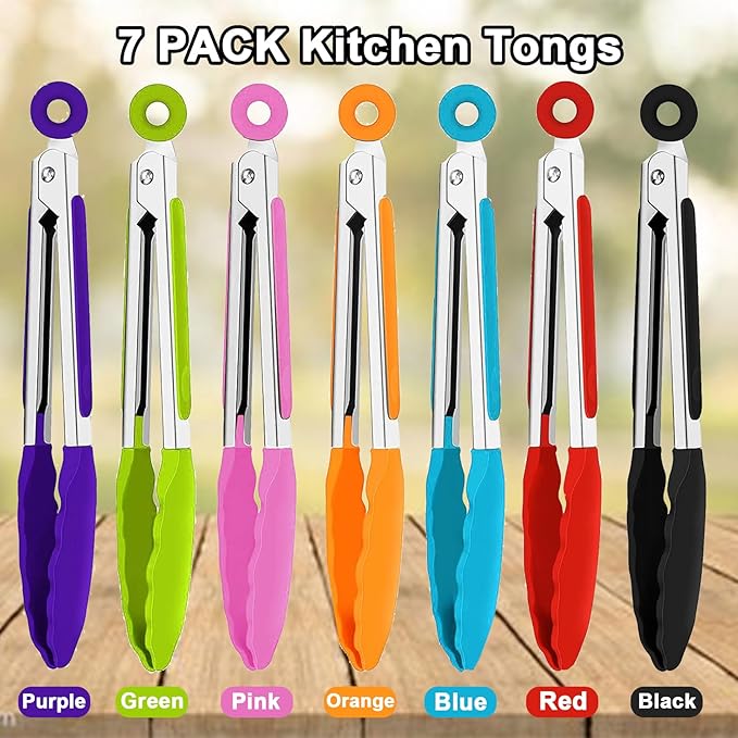 7 Pack Kitchen Tongs,Cooking Tongs with Stainless Steel Silicon Handles and Nylon Tips,7 Inch Stainless Steel Tongs,Heat Resistant Non-Stick BBQ Tongs with Locking, for Cooking Grilling Salad