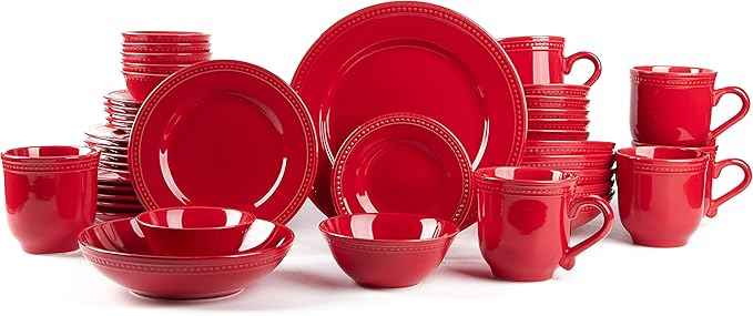 Pearl Dots Stoneware Dinnerware Set (42pc Set, Red)