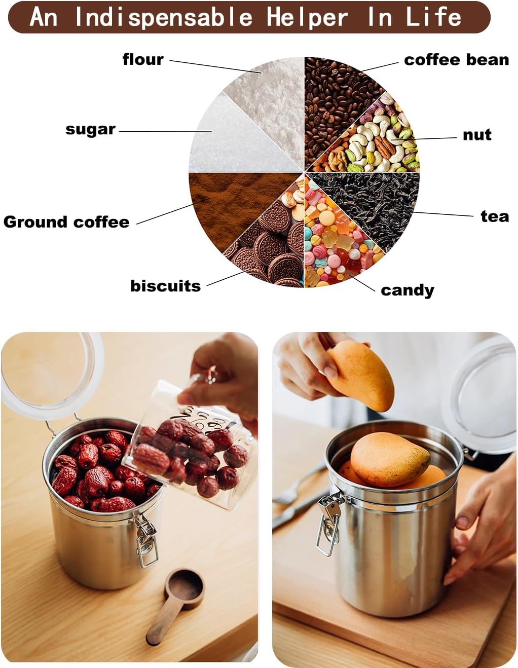 Stainless Steel Food Container with Clear Lids Airtight Container Stackable Small Canisters Kitchen Pantry Storage for Cereal, Snacks, Candy, Herbs, Spices, Sugar, Tea (1.8L Silver-2)