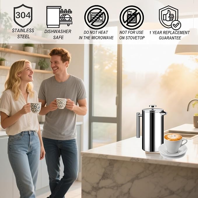 French Press Coffee Maker 34oz, Stainless Steel Double Wall Insulated, 3 Extra Filters & Coffee Spoon for Hot/Cold Brew, Durable Coffee Press for Home, Camping, Office - Silver