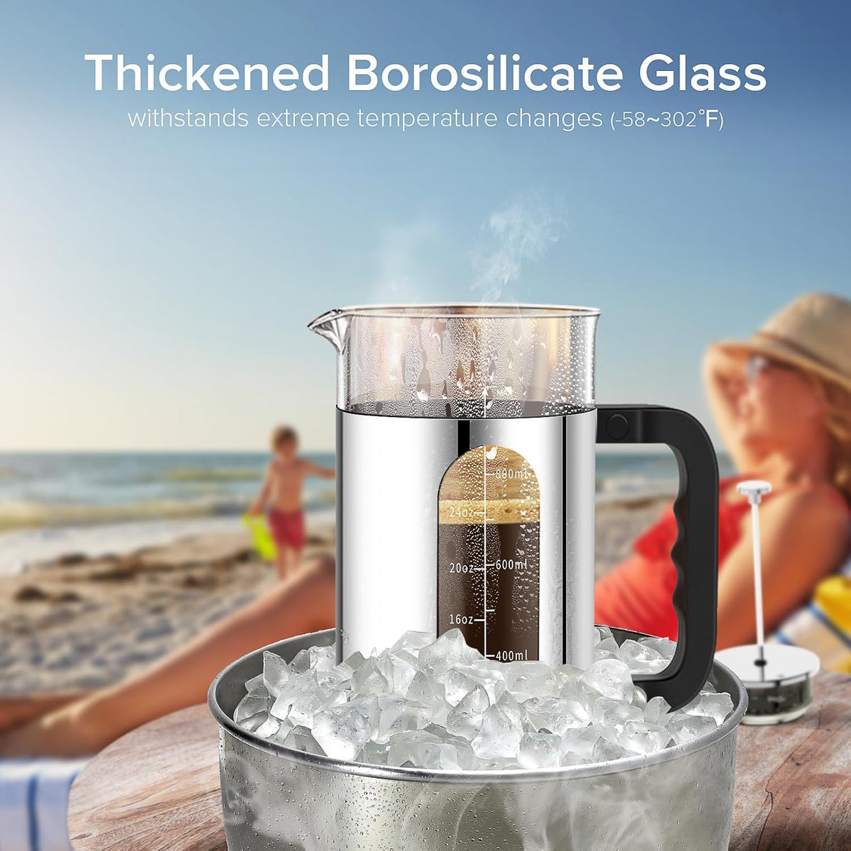 French Press Coffee Maker, 304 Stainless Steel Cold Brew Coffee Maker with 4 Filter, Heat Resistant Borosilicate Glass, Easy to Clean, BPA Free Iced Coffee Maker Rust-Free Coffee Press, 34ounce,Silver