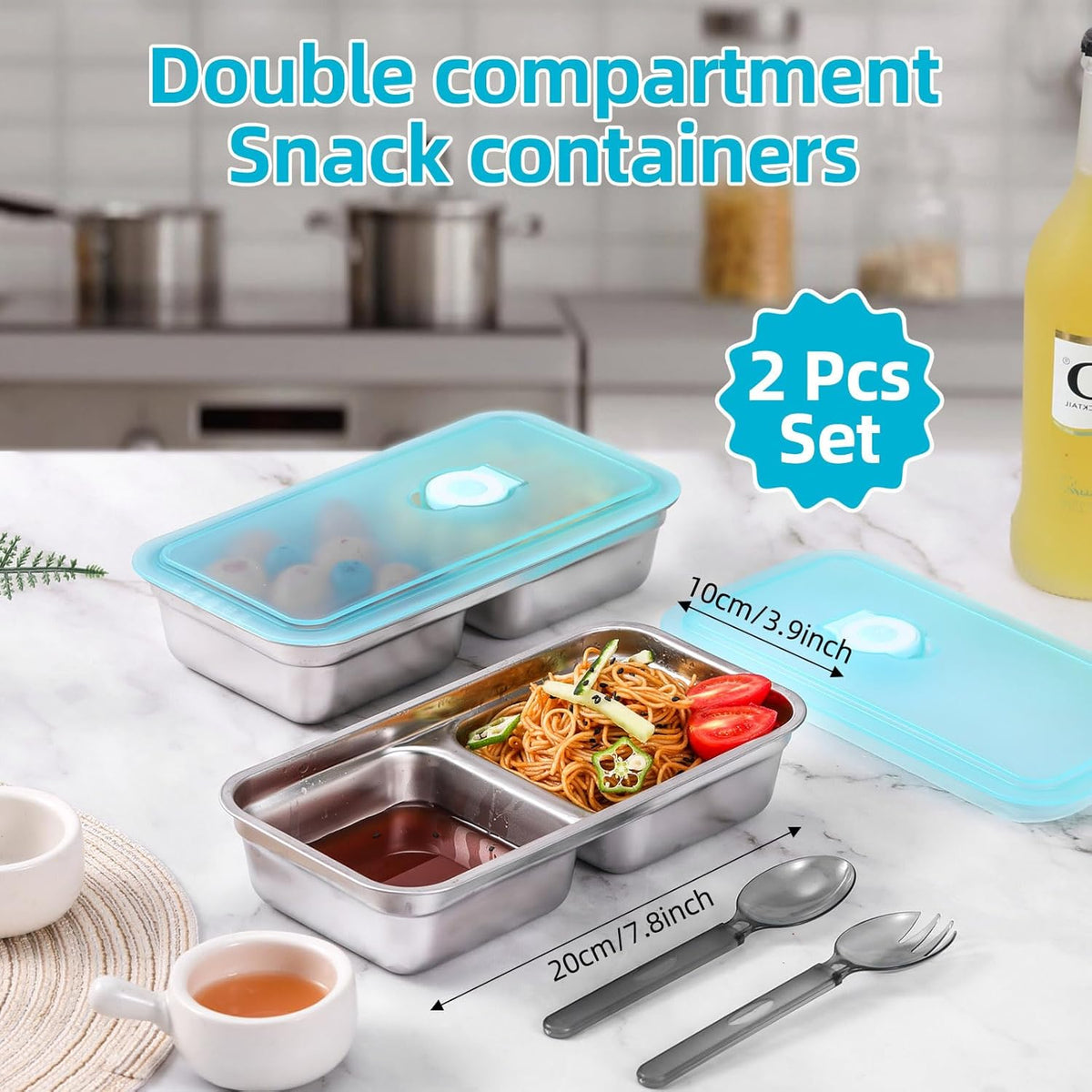 304 Stainless Steel Bento Boxes with Lids, 2pcs Leakproof Double Compartment Snack Containers, Reusable Food Storage Containers for Lunch, Travel & Camping