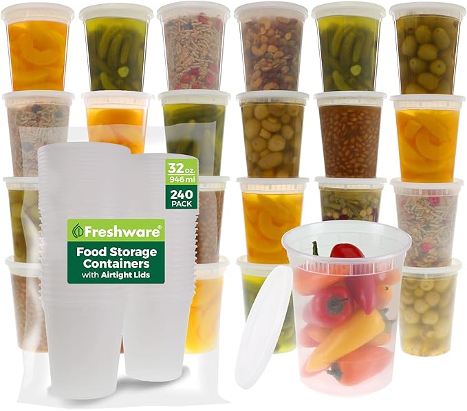 Freshware Food Storage Containers [240 Set] 32 oz Plastic Deli Containers with Lids, Slime, Soup, Meal Prep Containers | BPA Free | Stackable | Leakproof | Microwave/Dishwasher/Freezer Safe