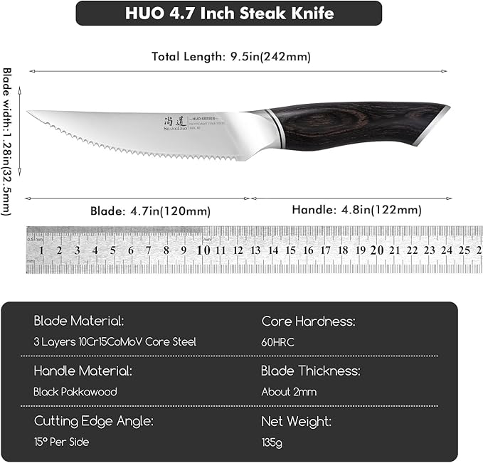 SHANGDAO Steak Knives Set of 6, Kitchen Steak Knife 4.5 Inch, 10Cr15CoMoV Core Steel High Carbon Stainless Steel Steak Knives, Serrated Steak Knife with Pakkawood Handle, Gift Box
