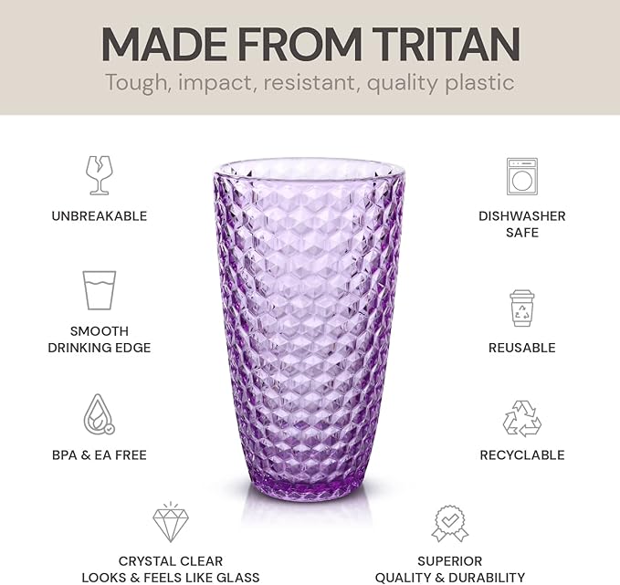 BELLAFORTE Shatterproof Tritan Plastic Tall Tumbler, 19oz Drinking Glasses Set of 4 - Laguna Beach Unbreakable Outdoor Drinkware for Party, Poolside, Indoor Use - Dishwasher Safe, BPA Free - Purple