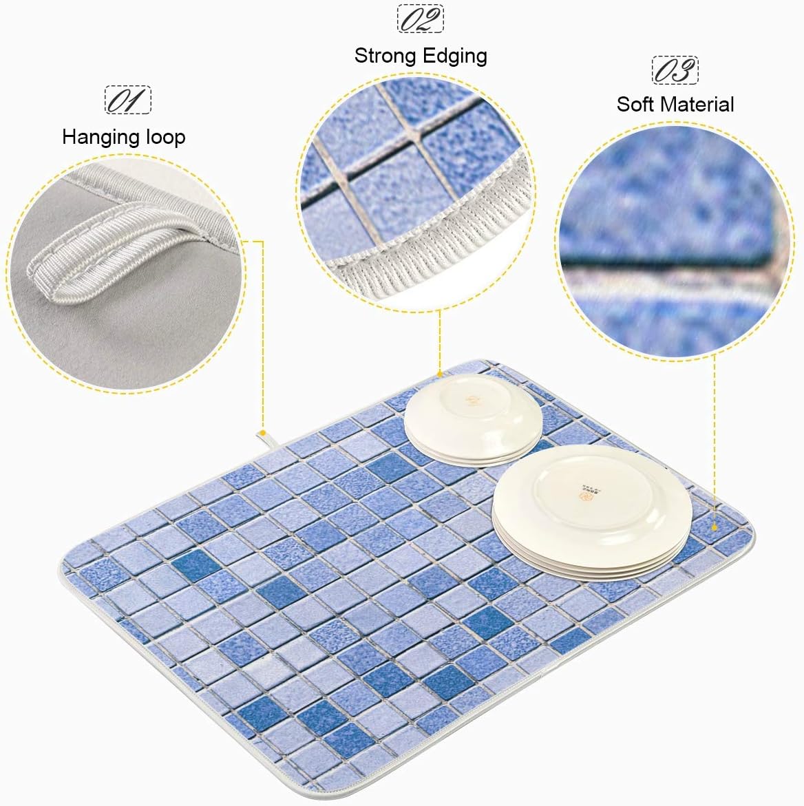 Super Absorbent Dish Drying Mat, Microfiber Fast-Drying Dish Mat, 24" x 18", Kitchen Dish Drying Pad Mosaic Pattern…