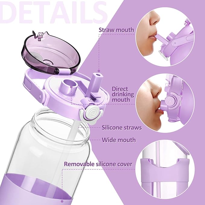 BLUEGO 64oz Glass Water Bottles with Straw Time Marker Half Gallon Large Motivational Water Bottle with Silicone Sleeve 2 Liter Large Glass Water Jug for Gym, Sports& Workout, Daily, Purple