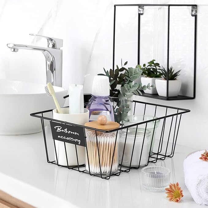 8 Pack Wire Storage Baskets for Organizing with Removable Tags, Pantry Organization Bins for Kitchen Cabinets, Closet - Metal Basket for Laundry, Garage, Refridge, Bathroom Countertop Organizer, Black