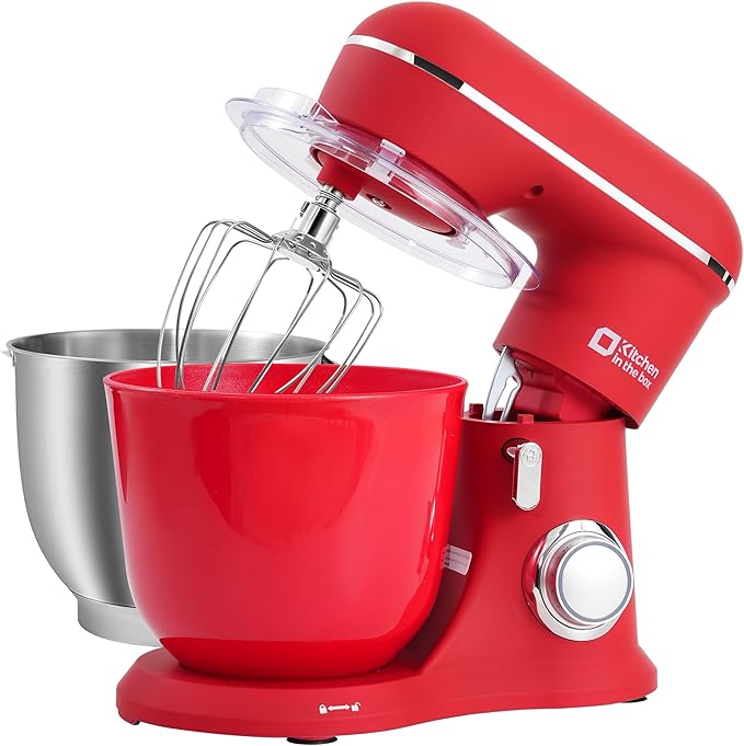 Kitchen in the box Stand Mixer, 4.5QT+5QT Two bowls Electric Food Mixer, 10 Speeds 3-IN-1 Kitchen Mixer for Daily Use with Egg Whisk,Dough Hook,Flat Beater (Matte Red, 5QT)